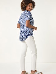 Roman Blue Abstract Print Zip Front Stretch Top - Image 3 of 5
