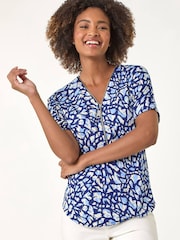 Roman Blue Abstract Print Zip Front Stretch Top - Image 4 of 5