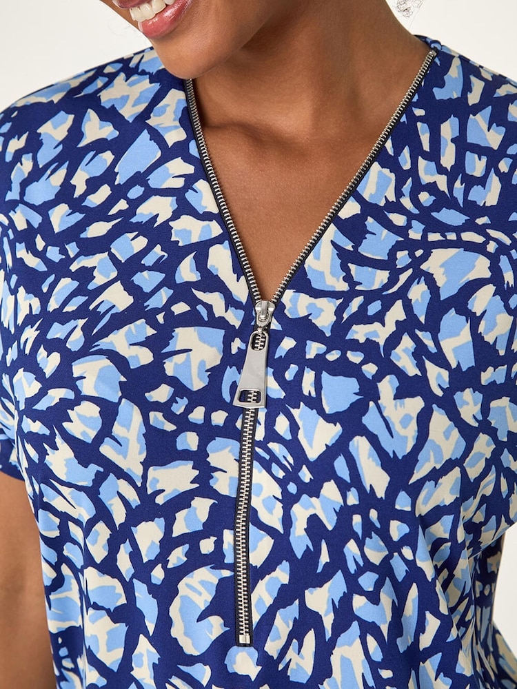 Roman Blue Abstract Print Zip Front Stretch Top - Image 5 of 5