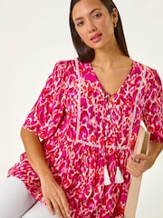 Roman Pink Abstract Print Tassel Top - Image 1 of 5
