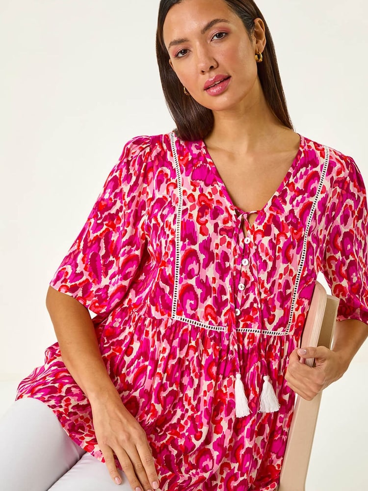 Roman Pink Abstract Print Tassel Top - Image 1 of 5