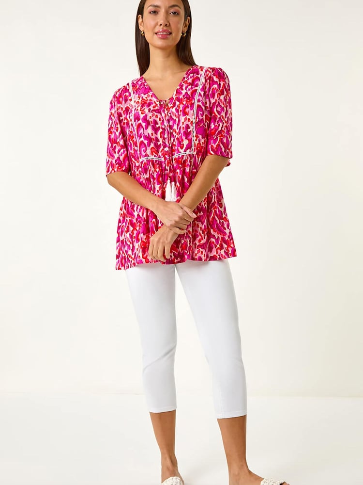 Roman Pink Abstract Print Tassel Top - Image 2 of 5