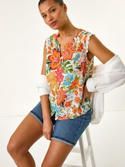 Roman Orange Floral Print Lace Detail Vest - Image 1 of 5