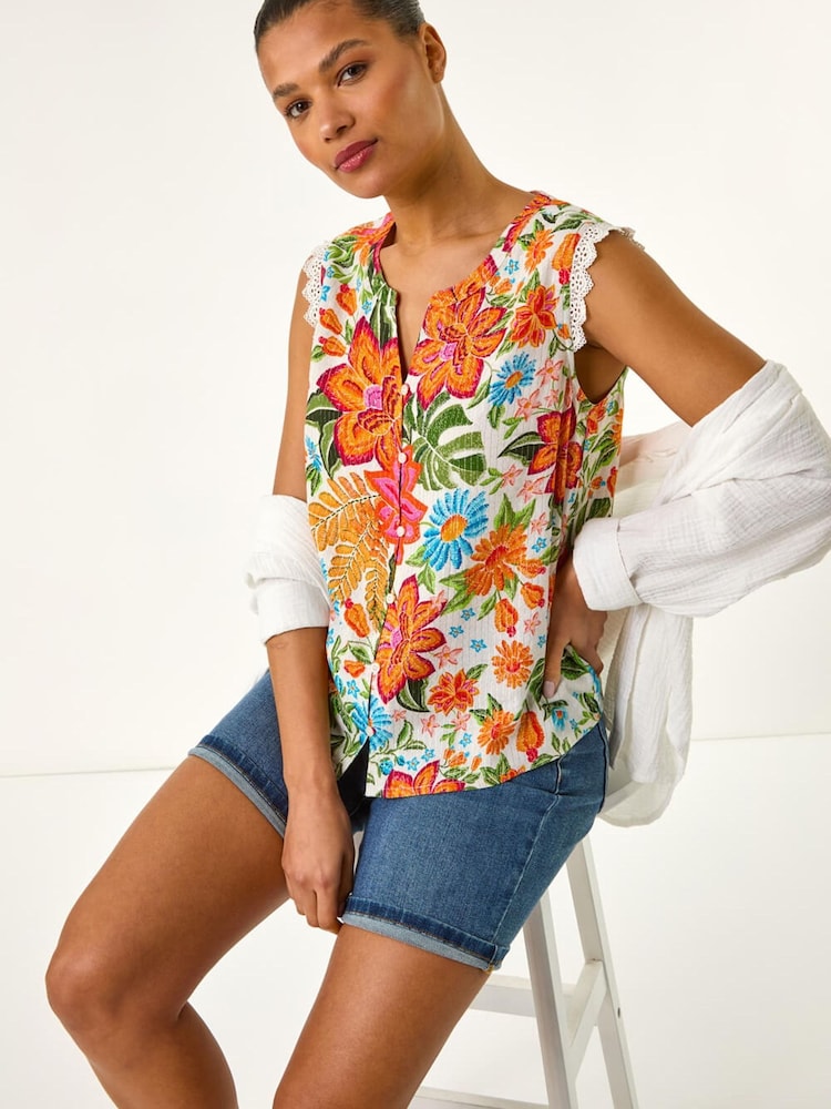 Roman Orange Floral Print Lace Detail Vest - Image 1 of 5