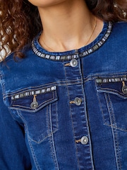 Roman Blue Collarless Tape Stretch Denim Jacket - Image 6 of 6
