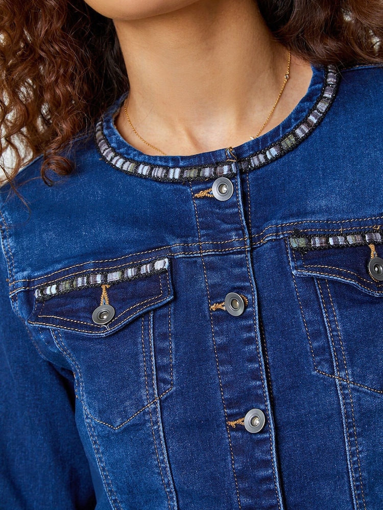 Roman Blue Collarless Tape Stretch Denim Jacket - Image 6 of 6