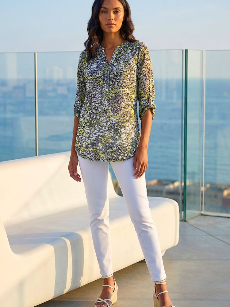 Roman Yellow Animal Print Burnout V-Neck Shirt - Image 2 of 5