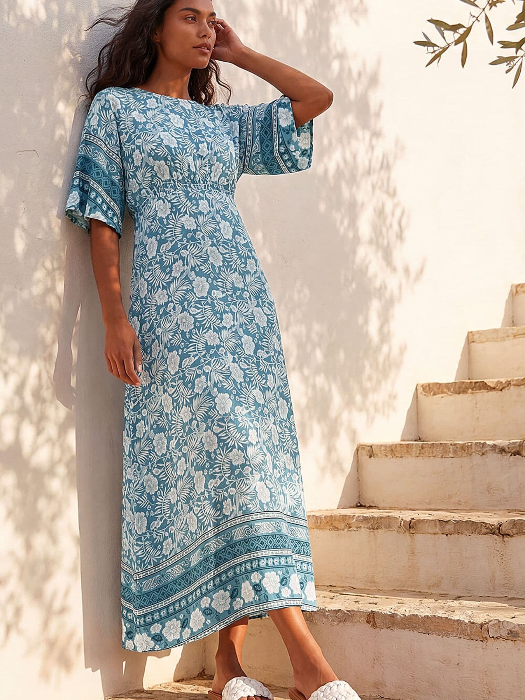 Roman Women's Blue Floral Border Print Midi Dress