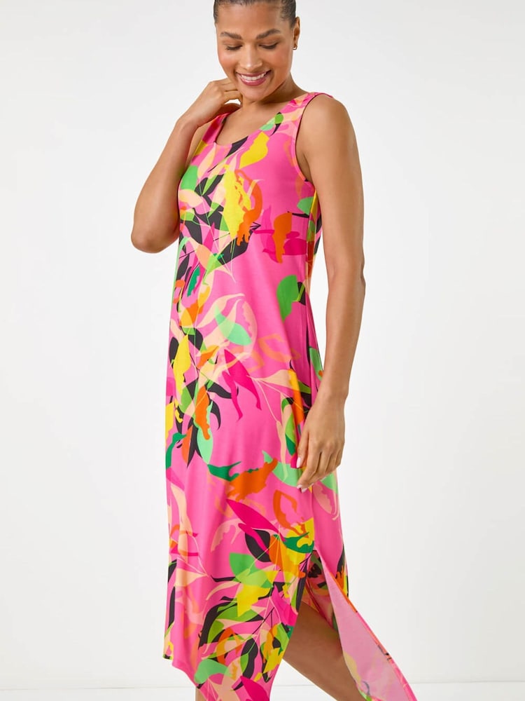 Roman Pink Floral Print Hanky Hem Midi Dress - Image 1 of 5