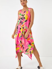 Roman Pink Floral Print Hanky Hem Midi Dress - Image 4 of 5
