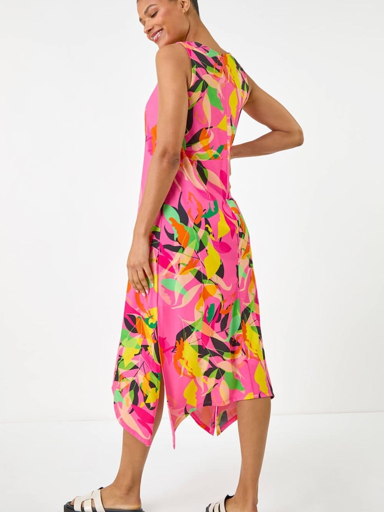 Roman Pink Floral Print Hanky Hem Midi Dress - Image 5 of 5