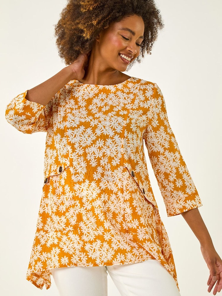 Roman Yellow Floral Print Pocket Tunic Top - Image 2 of 5