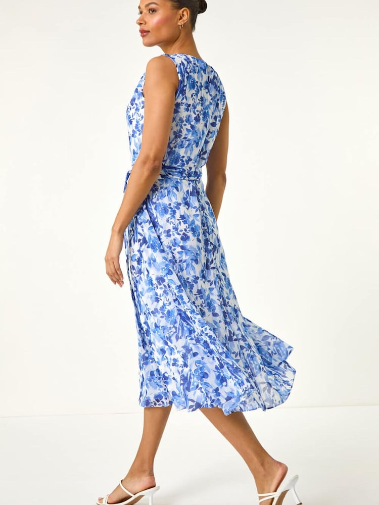 Roman Blue Floral Print Pleat Neck Midi Dress - Image 2 of 6