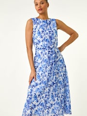 Roman Blue Floral Print Pleat Neck Midi Dress - Image 3 of 6