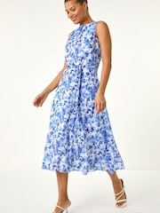 Roman Blue Floral Print Pleat Neck Midi Dress - Image 4 of 6