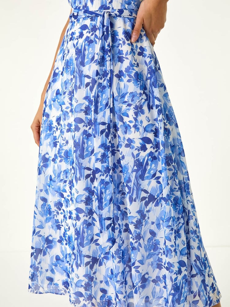 Roman Blue Floral Print Pleat Neck Midi Dress - Image 6 of 6
