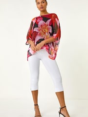 Roman Pink Floral Print Mesh Overlay Top - Image 6 of 6