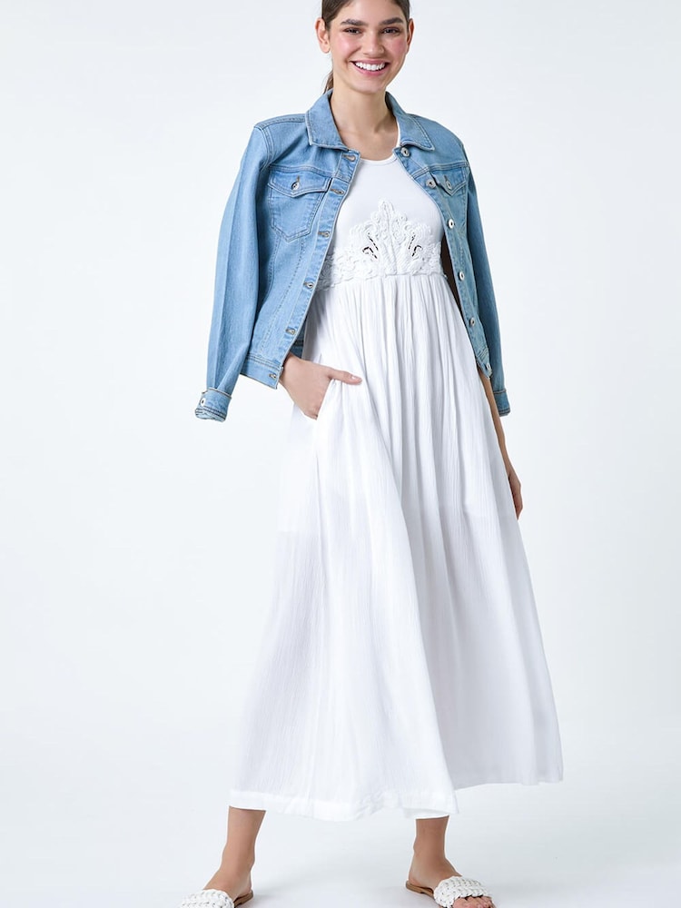 Roman White Cotton Blend Lace Detail Midi Dress - Image 1 of 5 Roman White Cotton Blend Lace Detail Midi Dress - Image 1 of 5