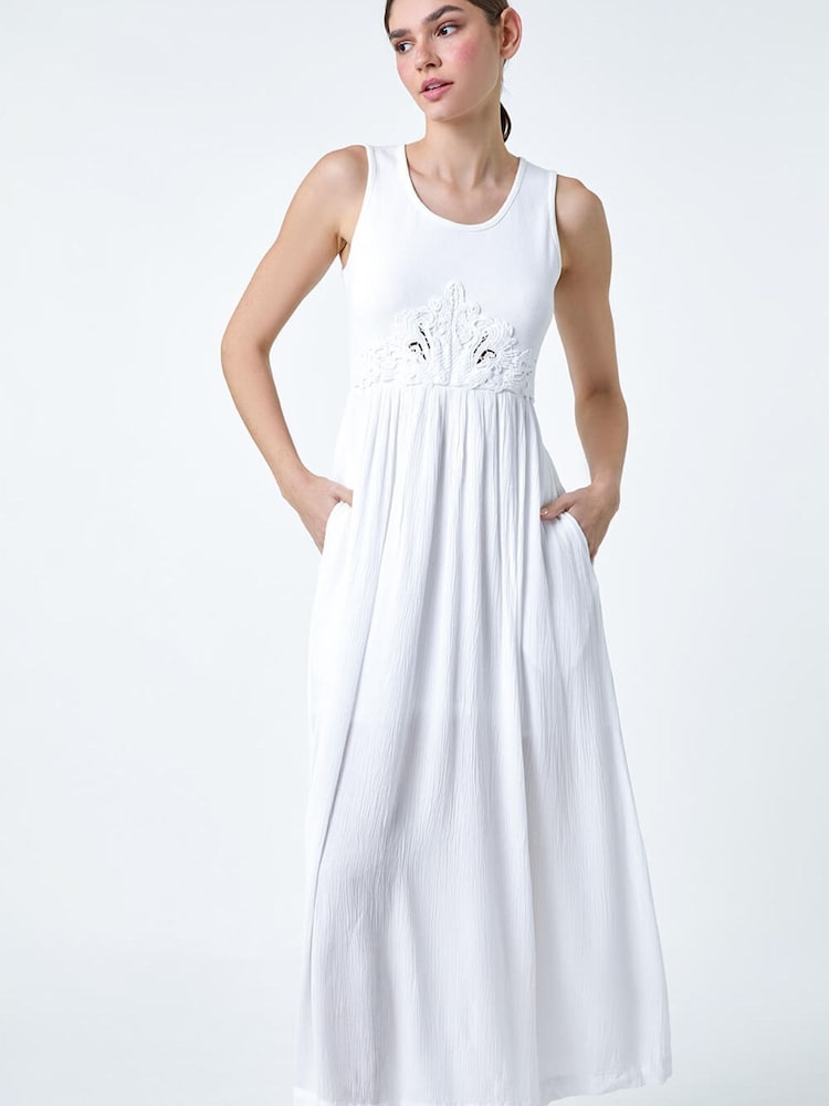 Roman White Cotton Blend Lace Detail Midi Dress - Image 2 of 5 Roman White Cotton Blend Lace Detail Midi Dress - Image 2 of 5