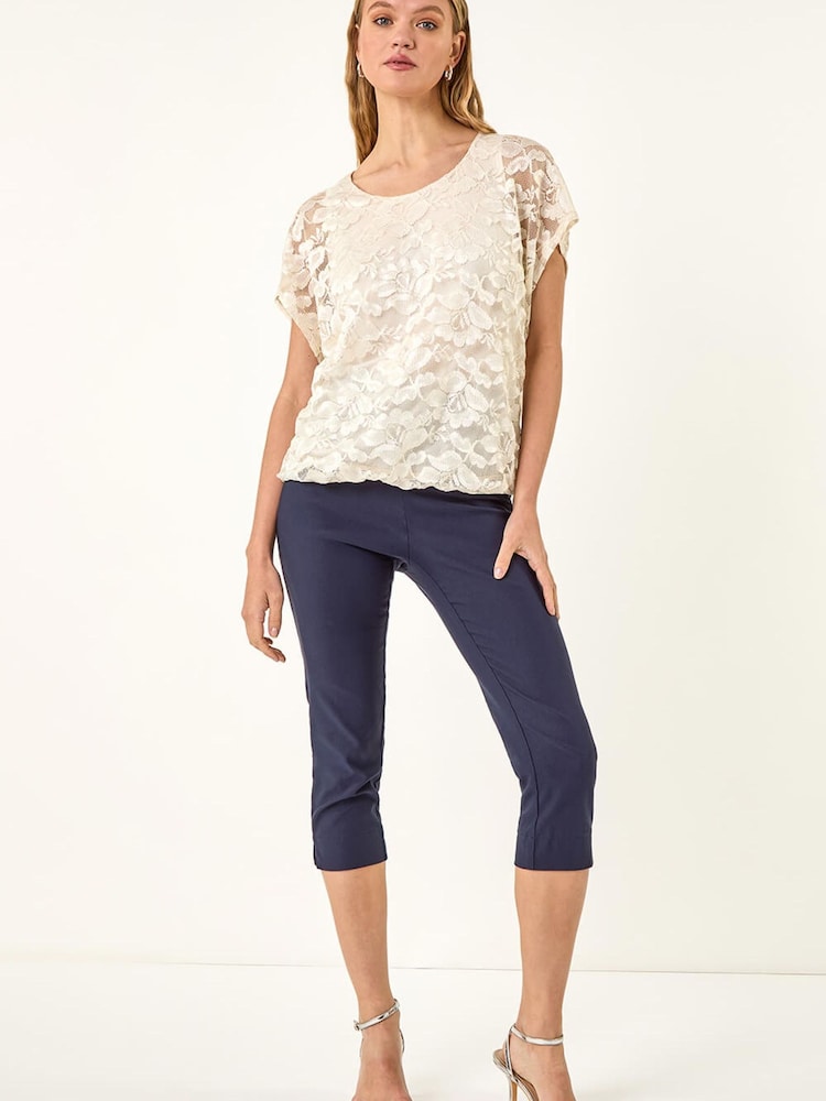 Roman White Floral Lace Overlay Stretch Top - Image 2 of 5