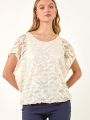 Roman White Floral Lace Overlay Stretch Top - Image 4 of 5
