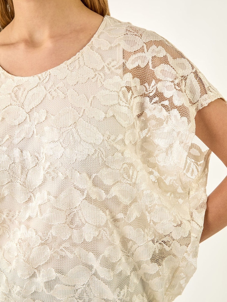 Roman White Floral Lace Overlay Stretch Top - Image 5 of 5