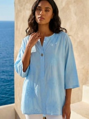 Roman Blue Cotton Floral Embroidered Tunic Top - Image 1 of 4