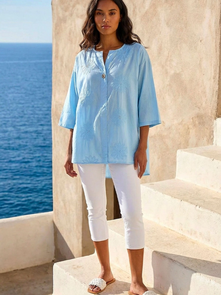 Roman Blue Cotton Floral Embroidered Tunic Top - Image 2 of 4