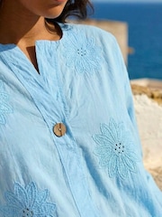 Roman Blue Cotton Floral Embroidered Tunic Top - Image 4 of 4