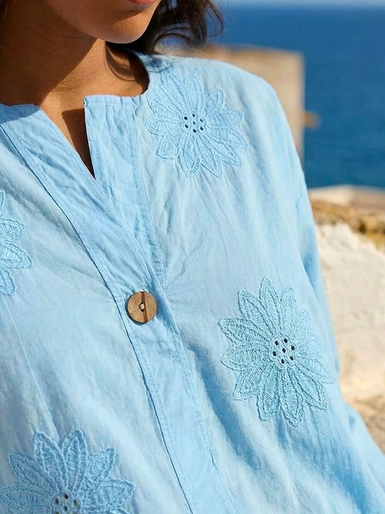 Roman Blue Cotton Floral Embroidered Tunic Top - Image 4 of 4