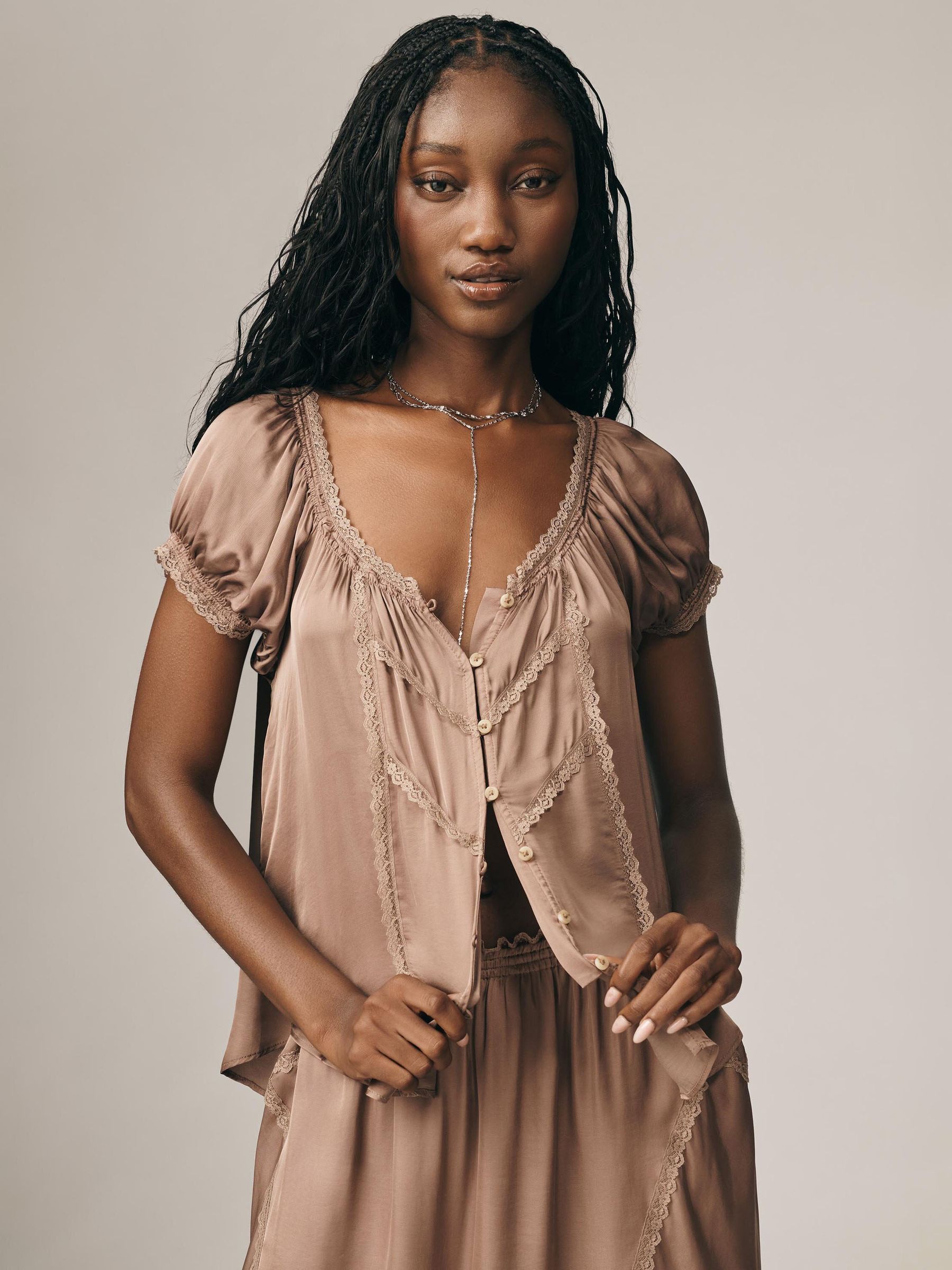 Buy Anthropologie Nude Short-Sleeve Button Up Silky Blouse With