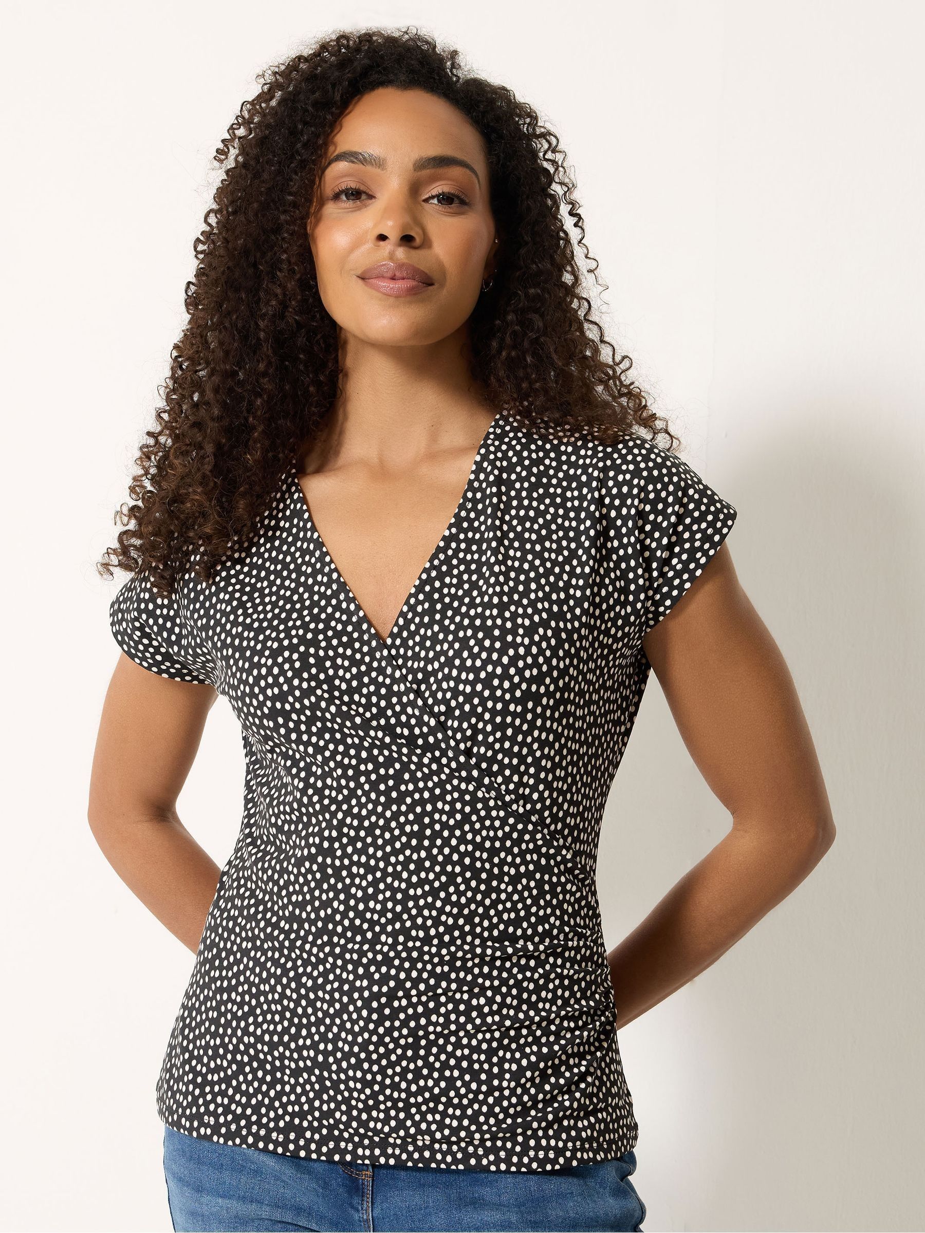 M & Co Women's White Spot Print Grown On Sleeve Wrap Top