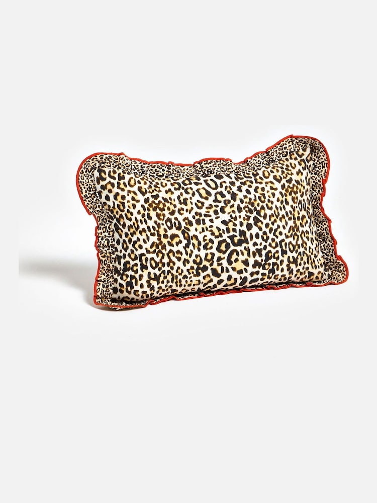 Oliver Bonas Brown Ruffle Leopard Print Cushion Cover 30x50cm - Image 1 of 5