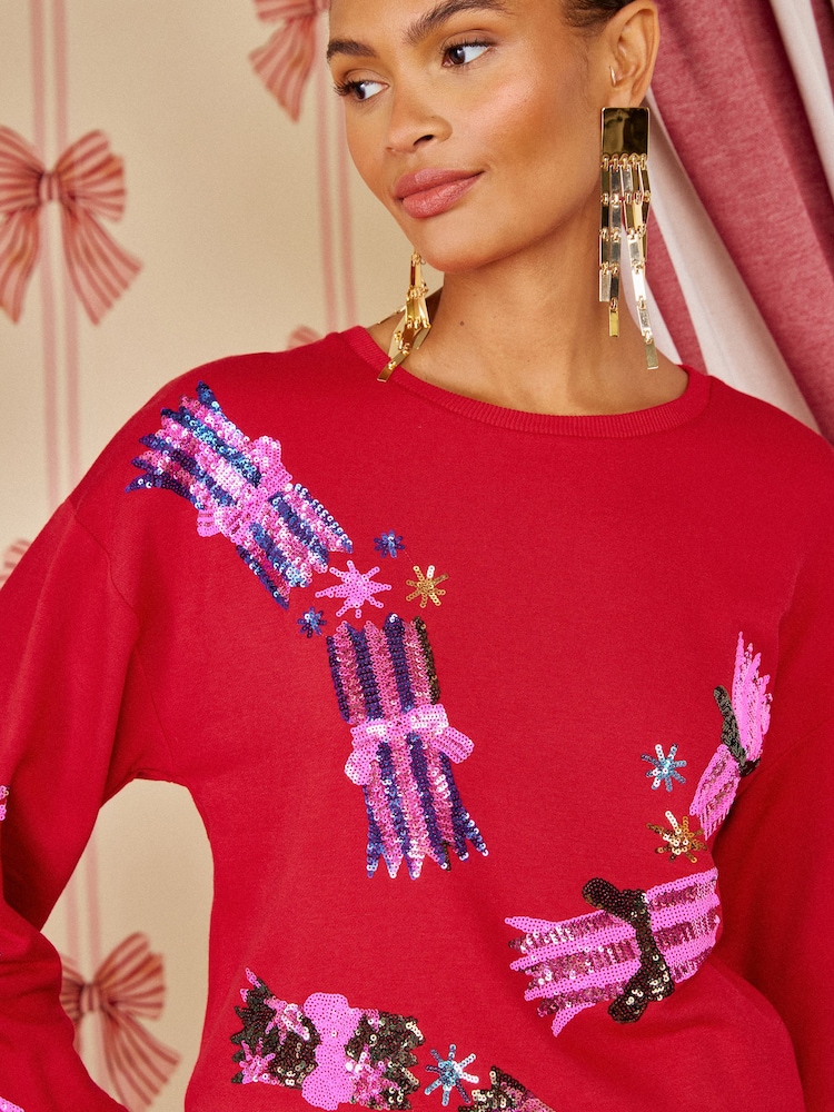 Love & Roses x Kate Fox Red Sequin Cracker Crew Neck Sweatshirt - Image 2 of 5
