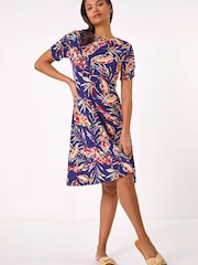 Roman Blue Leaf Print Short Dress - Image 4 of 5