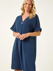 Roman Blue Petite One Buttoned V-Neck Dress - Image 1 of 5
