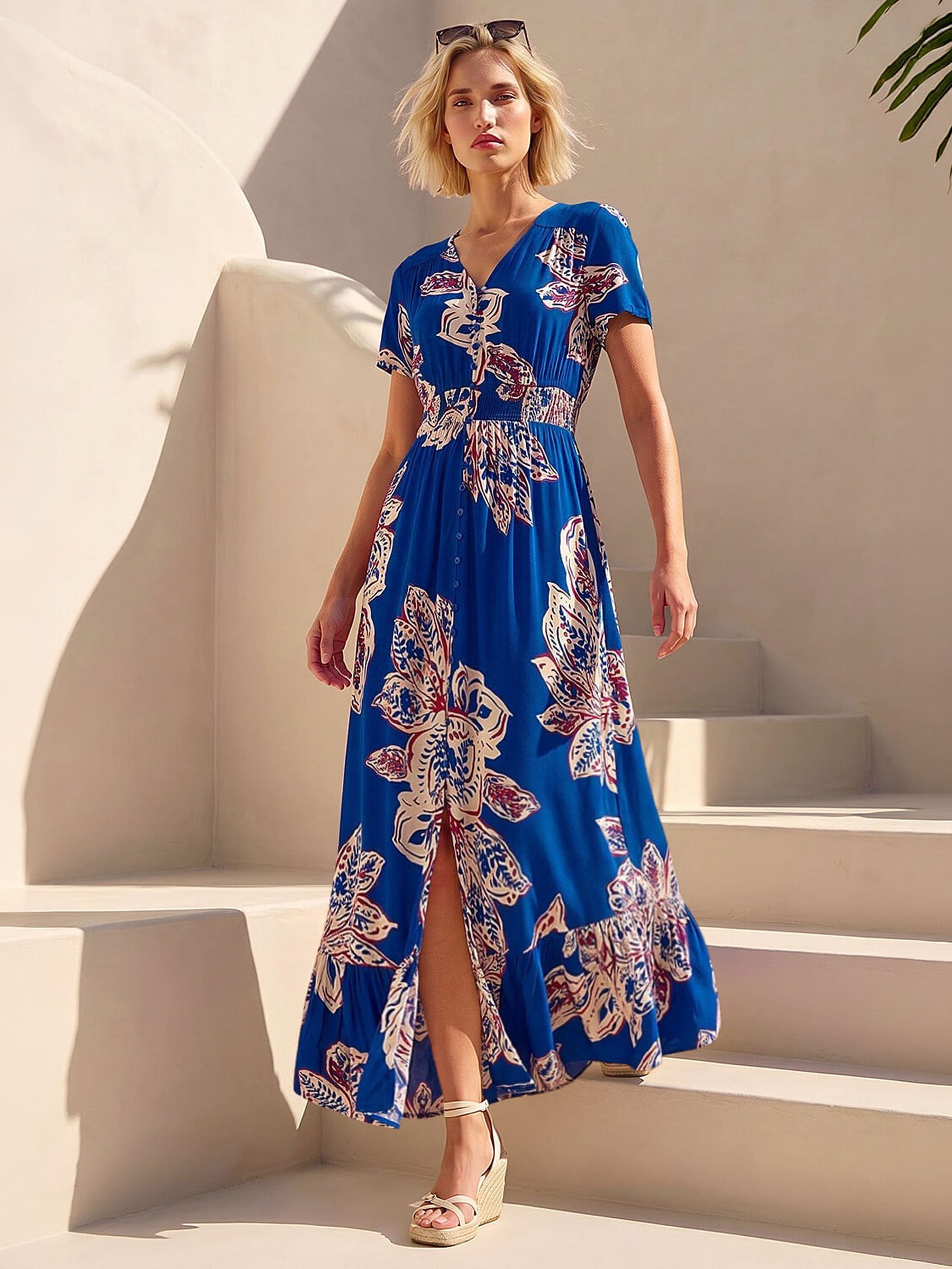 Roman Leaf Print Shirred Maxi Dress, Blue, Size 20, Women - Image 3