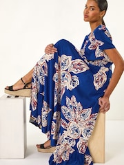 Roman Blue Leaf Print Shirred Maxi Dress - Image 1 of 5