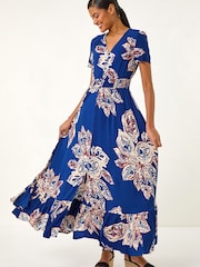 Roman Blue Leaf Print Shirred Maxi Dress - Image 2 of 5