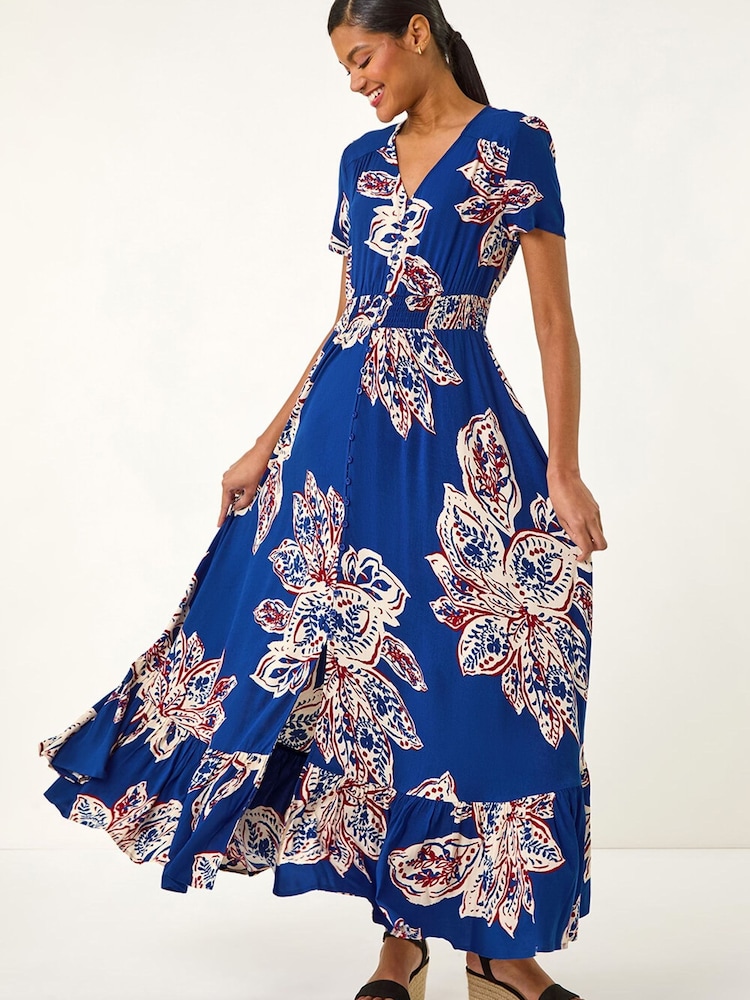 Roman Blue Leaf Print Shirred Maxi Dress - Image 2 of 5