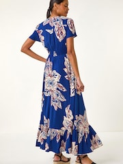 Roman Blue Leaf Print Shirred Maxi Dress - Image 3 of 5