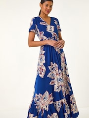Roman Blue Leaf Print Shirred Maxi Dress - Image 4 of 5