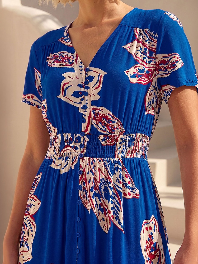 Roman Blue Leaf Print Shirred Maxi Dress - Image 4 of 4 Roman Blue Leaf Print Shirred Maxi Dress - Image 4 of 4