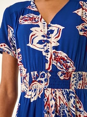 Roman Blue Leaf Print Shirred Maxi Dress - Image 5 of 5