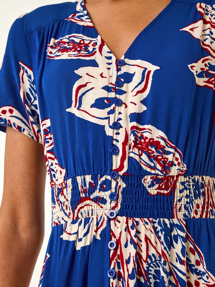 Roman Blue Leaf Print Shirred Maxi Dress - Image 5 of 5