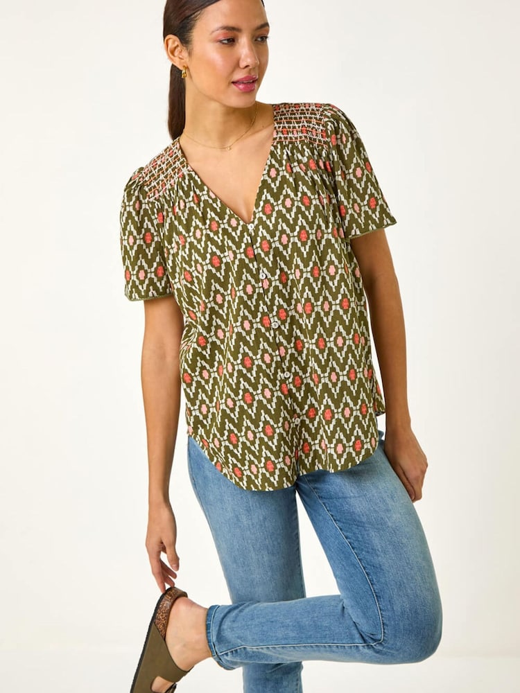 Roman Green Printed Shirred Shoulder Top - Image 1 of 5