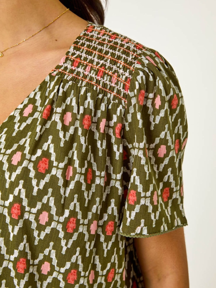 Roman Green Printed Shirred Shoulder Top - Image 5 of 5
