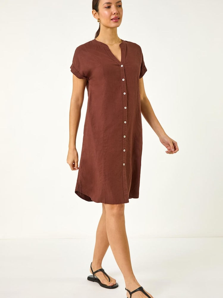 Roman Brown Linen Mix Shift Dress - Image 2 of 5