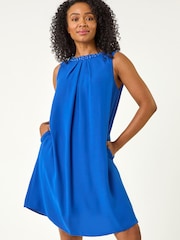 Roman Blue Hotfix Trim Detail Gathered Dress - Image 1 of 5