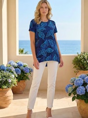 Roman Blue Leaf Print Stretch Tunic Top - Image 2 of 5